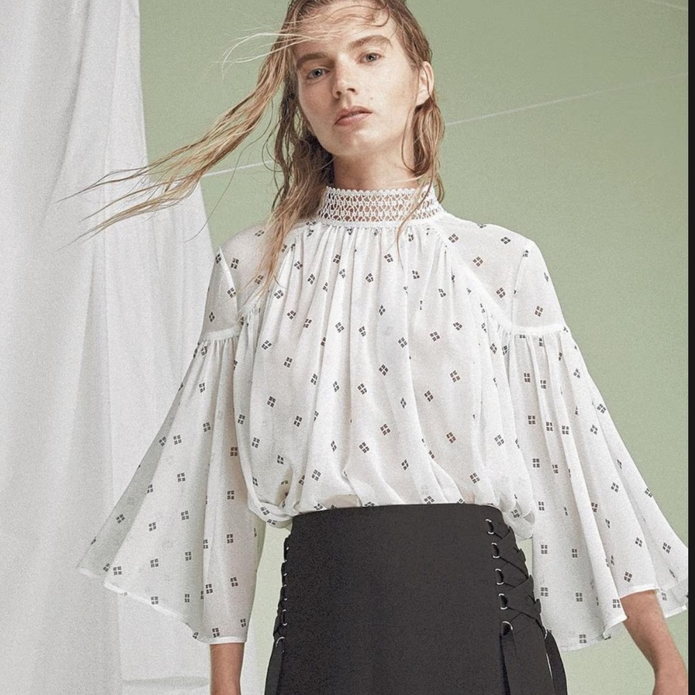 Revolve Acler Oxford blouse in bead print white high neck size 8 semi sheer - Picture 6 of 6